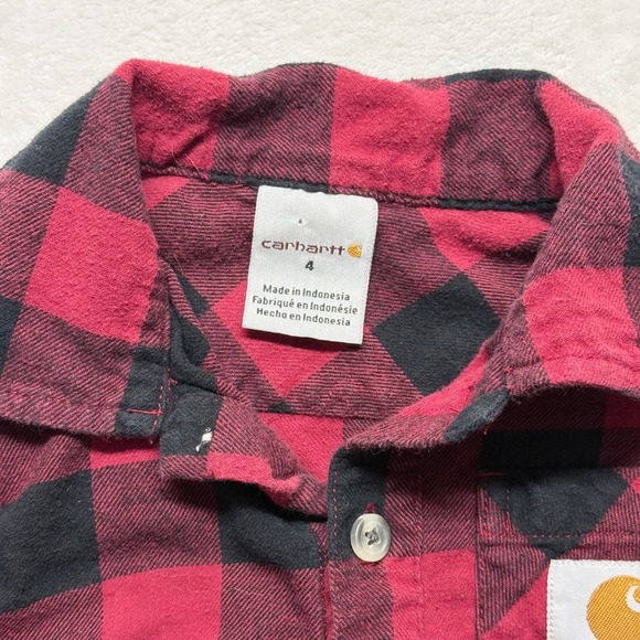 Carhartt Kids Red Black Buffalo Plaid Long Sleeve Button Up Shirt Size 4 - Picture 2 of 6